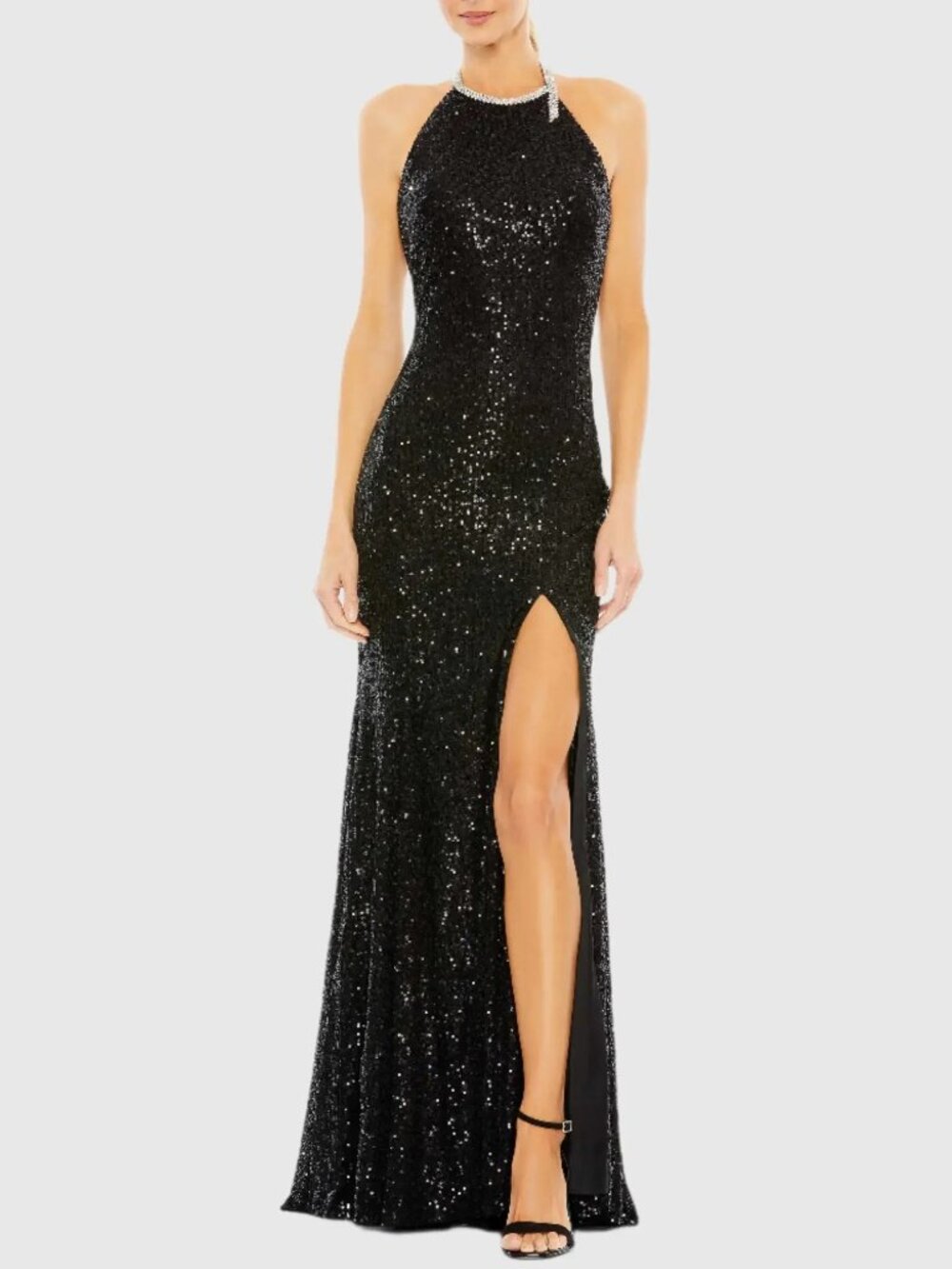 Mac Duggal Black Sequin Maxi Dress High Neck Column Jewel Neck 26943 Size 10